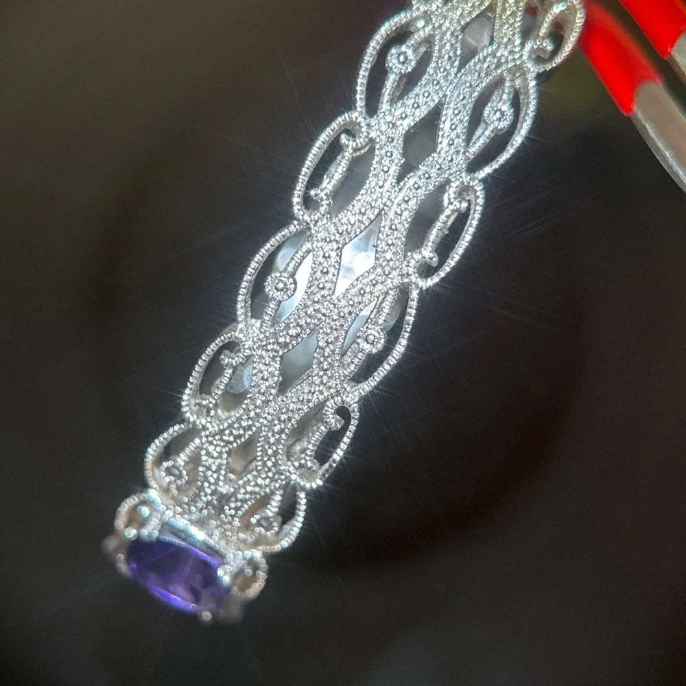 BR Amethyst Purple Stone Filigree Bangle Bracelet Silver Tone Vintage Style